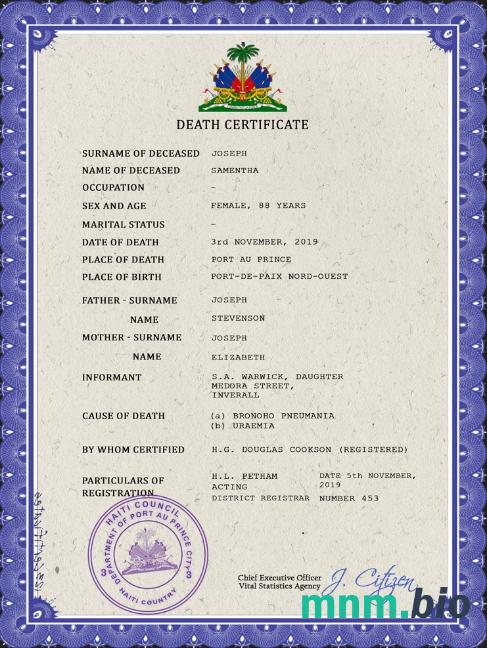 Haiti śmierć certyfikat PSD szablon